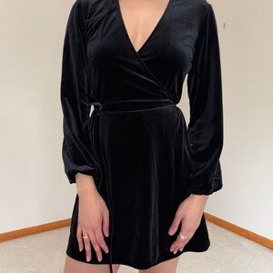 Zara Black Velvet Long Sleeve Wrap Dress